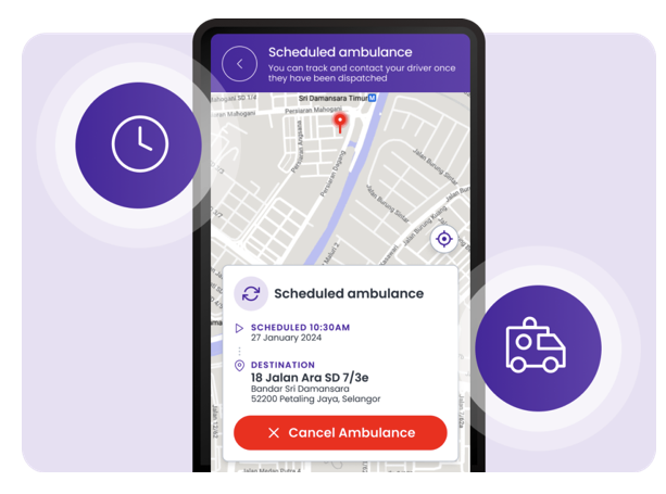 First Health Assist scheduled ambulance booking flow on mobile